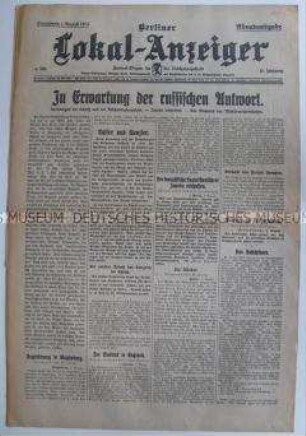 "Berliner Lokal-Anzeiger" vom Vorabend des 1. Weltkrieges