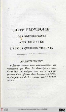 Liste provisoire des souscripteurs aux oeuvres d’ennius quirinus Visconti