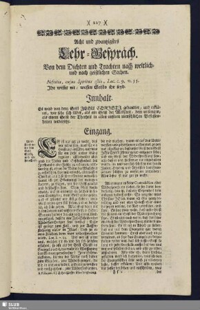 Acht und zwantzigstes Lehr-Gespräch. Von dem Dichten und Trachten nach weltlich- und nach geistlichen Sachen