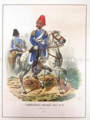 Uniformdarstellung, Stabstrompeter des 1. Hannoverschen Dragoner-Regiments No. 9 zu Pferd, Preußen, 1866. Tafel 89 aus: Schindler: Suplement zum Militair-Album.