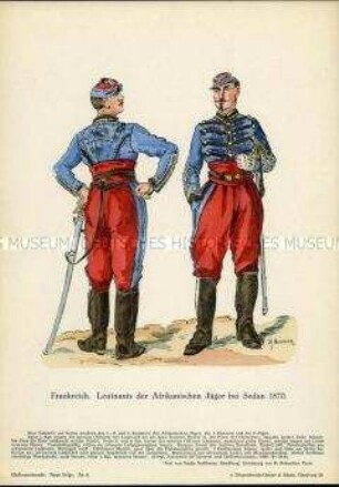 Uniformdarstellung, Leutnants des Afrikanischen Jäger-Korps, Kaiserreich Frankreich, 1870.