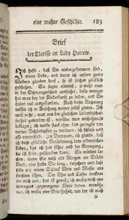 Brief der Clarisse an Lady Hariote. - Antwort der Lady Hariote an Clarissen.