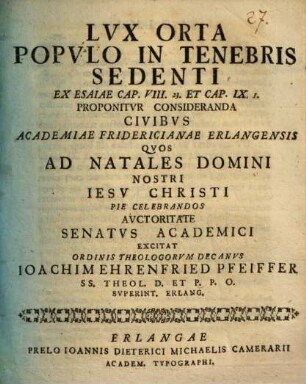 Lux orta populo in tenebris sedenti, ex Esaiae cap. VIII. 23. et cap. IX. 1.