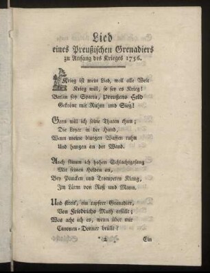 Lied eines Preußischen Grenadiers zu Anfang des Krieges 1756.
