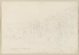 Der Rheingrafenstein an der Nahe, auf der Spitze die Burgruine Rheingrafenstein