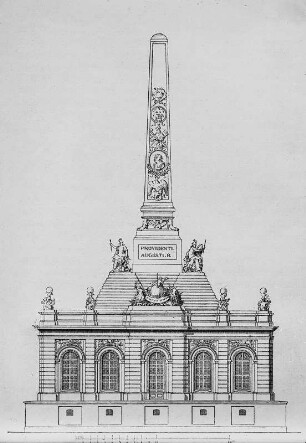 Longuelune, Zacharias (1669-1748). Dresden. Entwurd zum Pyramidengebäude (Blockhaus) in Dresden. Elbseite. Lavierte Federzeichnung, um 1731