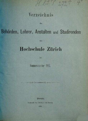 Verzeichnis der Behörden, Dozenten, Anstalten und Studierenden. 1893, SS