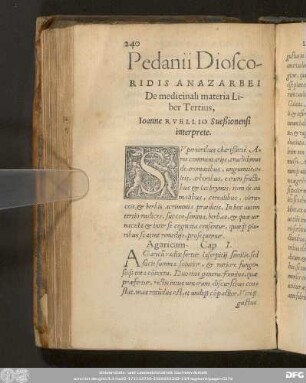 Pedanii Dioscoridis Anazarbei De medicinali materia Liber Tertius, Ioanne Ruellio Sueßionensi interprete.