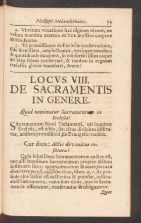 Locus VIII. De Sacramentis In Genere.