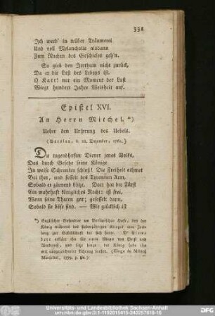 Epistel XVI. An Herrn Mitchel. Ueber den Ursprung des Uebels. (Breslau, d. 28. Dezember, 1761.)