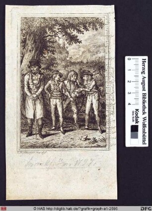 Drei junge Männer im Gespräch, daneben ein Mann auf einen Gehstock gestützt.