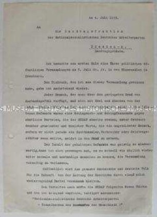 Anonymes Schreiben an die Landtagsfraktion der NSDAP mit heftiger Polemik gegen das Auftreten von Parteifunktionären auf einer öffentlichen Versammlung