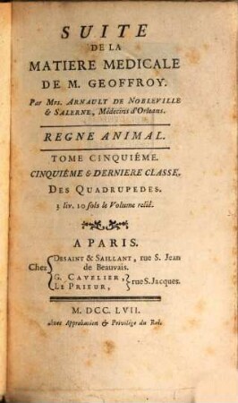 Histoire Naturelle Des Animaux. Tome Cinquiéme, Regne Animal