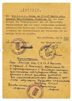 Dienstausweis von Georg Müller als Angehöriger der Kriminalpolizei