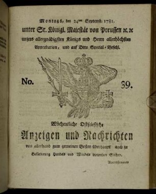 No. 39. Montags, den 24ten Septemb. 1781.