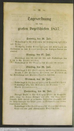 Tagesordnung bei dem großen Vogelschießen 1857