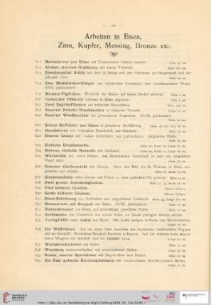 Arbeiten in Eisen, Zinn, Kupfer, Messing, Bronze etc. (Nr. 611 - 705)