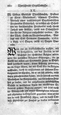 XX. Versuch einer vollständigen Engelländischen Freydenker-Bibliothek.