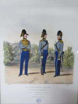 Uniformdarstellung, Offizier und Gemeine der Hofburgwache in Parade-Uniform, Österreich, 1840. Tafel aus: Trentsensky: K.K. Oesterreichische Armée nach der neuen Adjustirung.