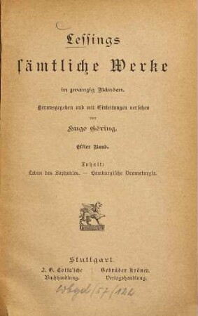 Lessings sämtliche Werke : in zwanzig Bänden, 11. Leben des Sophokles [u.a.]