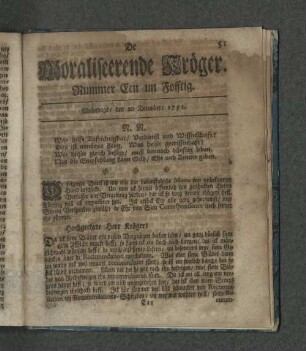 Nummer Een un Fofftig. Mahndags den 20. December 1751