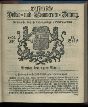 12. Stueck, Montag den 24ten Martii 1766