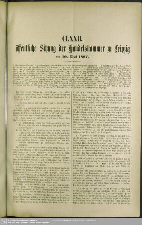 CLXXII. öffentliche Sitzung der Handelskammer zu Leipzig am 10. Mai 1887