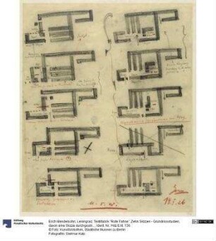 Leningrad, Textilfabrik "Rote Fahne". Zehn Skizzen - Grundrissstudien, davon eine Skizze durchgestrichen