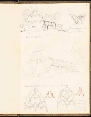Skizzenbuch 1901: Bauernhäuser bei Freiburg, perspektivische Ansichten, Bauornament und Maßwerkfenster Ansichten