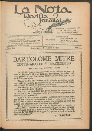 Bartolomé Mitre : Centenario de su nacimiento - 1821= 26 de Junio = 1921