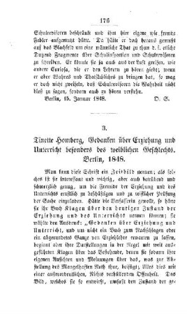 Tinette Homberg, Gedanken über Erziehung und Unterricht besonders des weiblichen Geschlechts. Berlin, 1848