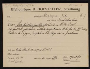 Katalogkarte mit Beschreibung der Hs. und Provenienznummer, frz., 1926