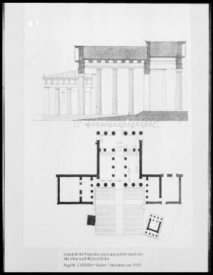 Grundriß der Propyläen und Längsschnitt durch den Mittelbau nach Richard Bohn