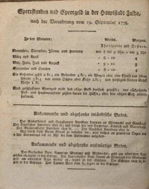 Sperrstunden und Sperrgeld in der Hauptstadt Fulda, nach der Verordnung vom 19. September 1778.