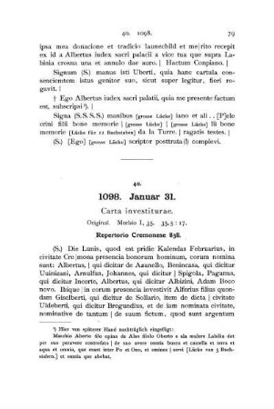40. 1098. Januar 31. Carta investiturae.