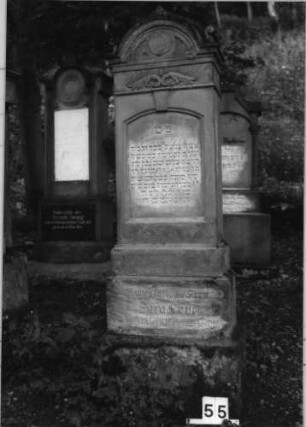 Grabstein 55 (Index: 100079917) Material: Sandstein Zustand: gut Maße HxBxT: 193x57x27 cm Beschreibung: Stele, getreppter Sockel, eingezogener Rundbogenabschluß, Schriftfeld eingetieft mit Segmentbogenabschluß Symbolik: Ranken: Grabstein 55