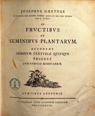 Josephvs Gaertner M. D. Acad. Imp. Scient. Petrop. Memb. Et Reg. Soc. Scient. Lond. Sodal. De Frvctibvs Et Seminibvs Plantarvm. 1,1.2. Accedunt Seminum centuriae quinque priores. Cum tab. Aeneis 79. 1788.