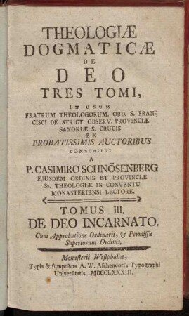 3: Theologiæ Dogmaticæ De Deo Tres Tomi. Tomus III