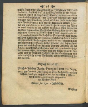 Beylag Lit. A. ist. Reichs-Fürsten Raths-Protocoll vom 10. Sept. 1704. ...