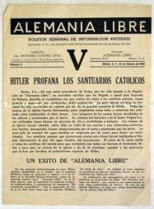 Beilage der Exil-Zeitung "Alemania libre" u.a. zur Entweihung katholischer Heiligtümer in Deutschland