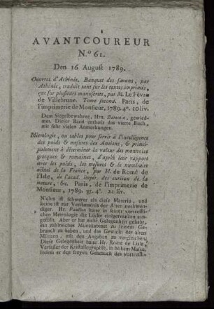 No. 61. Den 16. August 1789. - No. 65. Den 1. September 1789.