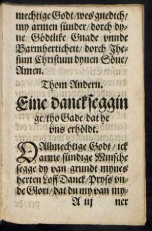 Thom Andern. Eine Dancksegginge/ tho Gade ....