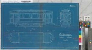 Motorwagen (18 Sitz- und 14 Stehplätze) für die Aachener Kleinbahngesellschaft. Schnittzeichnungen der Waggonfabrik AG vorm. Herbrand & Cie., Köln-Ehrenfeld