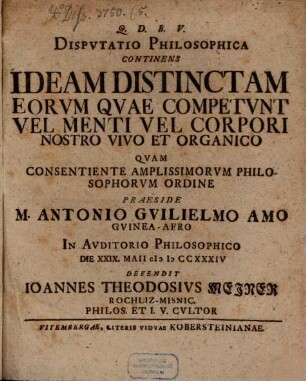 Disputatio Philosophica continens Ideam Distinctam Eorum quae competunt vel menti vel corpori nostro vivo et organico