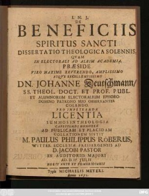 De Beneficiis Spiritus Sancti Dissertatio Theologica Solennis