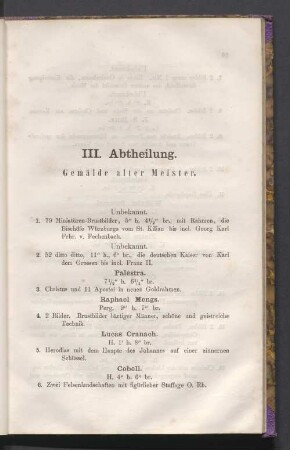 III. Abtheilung. Gemälde alter Meister