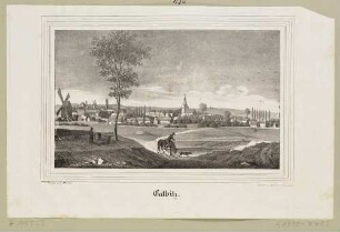 Ortsansicht von Calbitz (Wermsdorf-Calbitz, erste Ansicht) nordwestlich von Oschatz mit der Kirche und einer Windmühle links, aus Sachsens Kirchen-Galerie von Hermann Schmidt, Bd. 3, 1840