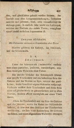 441-461, Zweyter Abschnitt. Mit Wahnwitz verbundene Krankheiten ohne Fieber.