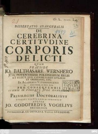 Dissertatio Inavgvralis De Cerebrina Certitvdine Corporis Delicti