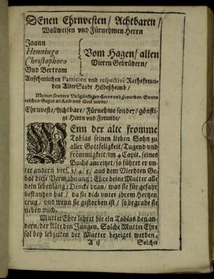 Denen Ehrnvesten/ Achtbaren/ [...] Joann, Henningo, Christophoro und Bertram vom Hagen/ allen Vieren Gebrüdern/ [...]